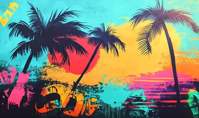 Colorful palm trees sunset graffiti art.