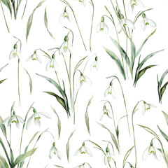 Fototapeta premium Watercolor Seamless Pattern with Snowdrops. Perfect for invitation and social media.