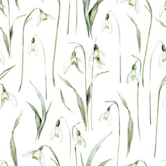 Fototapeta premium Watercolor Seamless Pattern with Snowdrops. Perfect for invitation and social media.