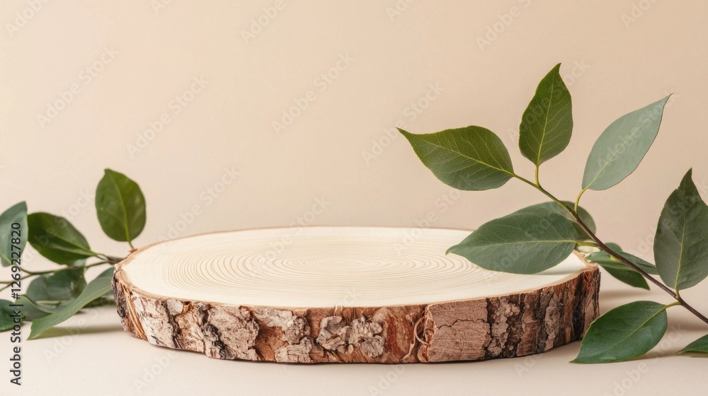 Poster display features a simple wooden slab artfully placed against a neutral background, accompanied by e