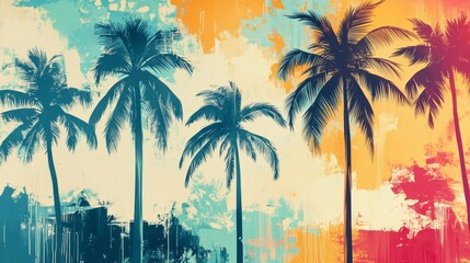 Colorful abstract palm trees create tropical atmosphere.