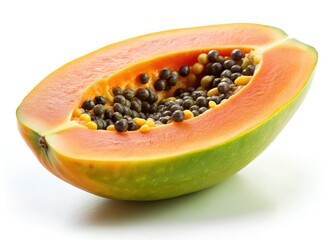 A miniature papaya slice, tilt-shift photography, pristine white background. Tropical delight.