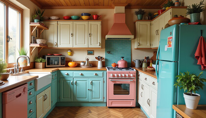 Eclectic kitchen design with colorful accessories and vintage accents, cozy vibe
