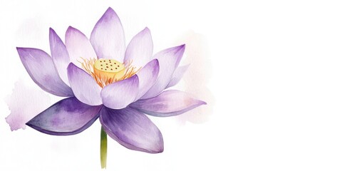Fototapeta premium Watercolor purple lotus flower with green stem on white background