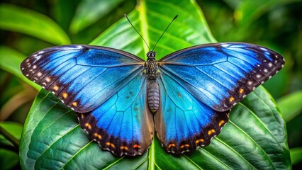 Stunning Blue Morpho Butterfly on Green Leaf - Vibrant Nature Stock Photo