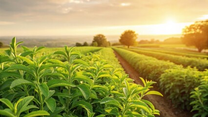 Stevia sugar substitutes and healthier choices. Lush green tea fields under a stunning sunset sky.