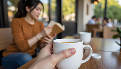 Coffee break with reading at cafe - peaceful relaxation