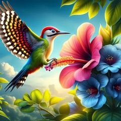 Fototapeta premium Honeybirds or hummingbirds fly and eat flower nectar,Generative AI