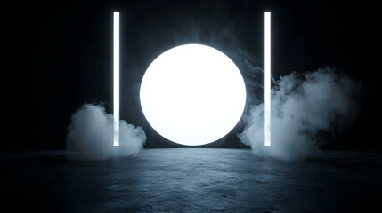 A dark room features a large, oval, bright white light, flanked by two tall, thin, bright white vertical lights, all set against a dark, smoky background.