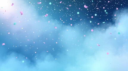 Dreamy Blue Sky Background with Confetti Falling, Abstract Celebration Backdrop for Festive Events and Parties
