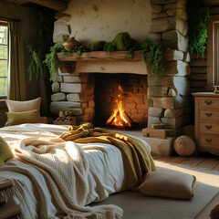 : A cozy rustic bedroom with wooden interiors, soft wool blankets, and a stone fireplace in a warm earthy palette q2, 