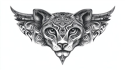 Fototapeta premium Ornate Cheetah head with wings for tattoo or t-shirt design. Monochrome drawing on white background