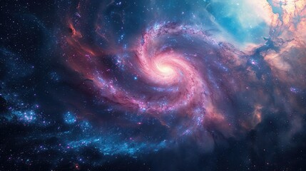 Fototapeta premium The universe stretches out before us from space, revealing a spiral galaxy at the center of a swirling sea of stars and nebulae.