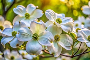 Fototapeta premium Stunning Close-Up of Large White Flowering Dogwood Blossoms, Cornus Florida, Native to Eastern North America