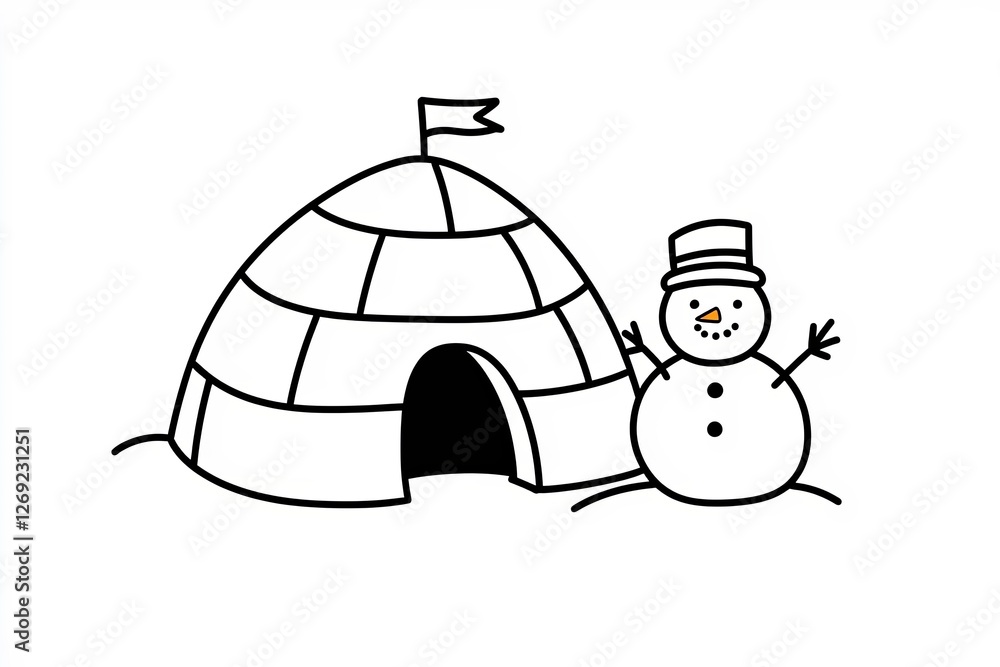 Poster outline of a simple igloo with a small snowman beside it.