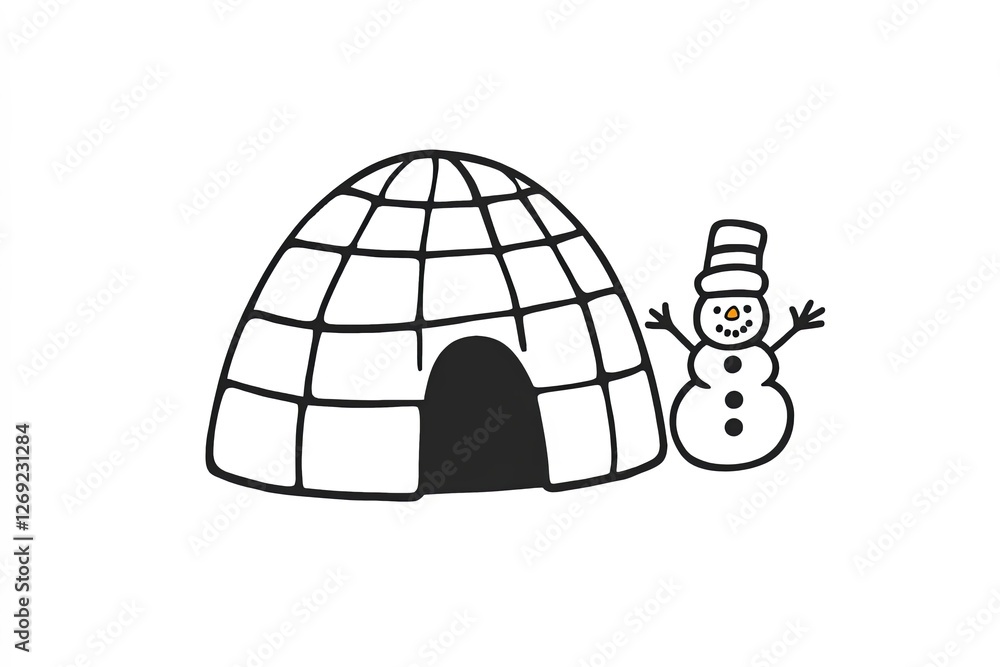 Poster outline of a simple igloo with a small snowman beside it.