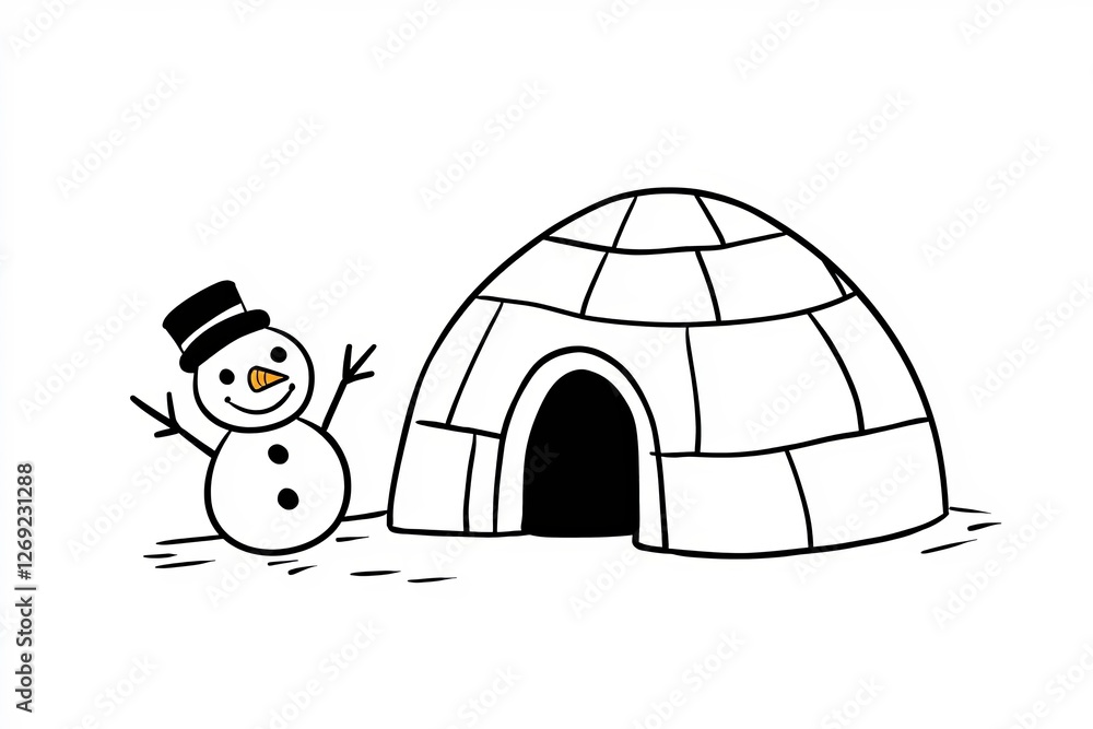Fototapete Outline of a simple igloo with a small snowman beside it.