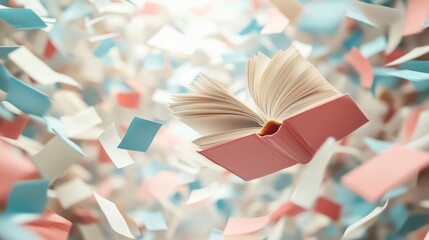 Open book surrounded by colorful pages in mid-air capture