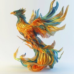Obraz premium 3D rendering digital illustration of a mythical bird, specifically a phoenix. The bird is depicted in a dynamic pose, with its wings spread wide and its head turned to the side