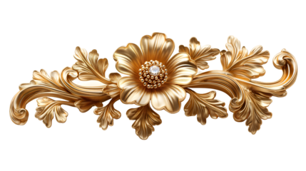 Gold Floral Ornament Baroque Design, Vintage Luxury Decor for Gilt Metallic Themes, isolated on transparent background.