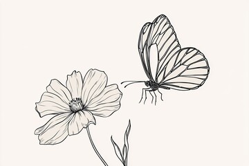 Fototapeta premium Simple outlined butterfly flying over a flower.