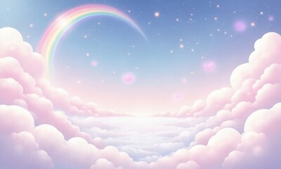 A kawaii-style celestial landscape with soft, rounded clouds, a colorful rainbow stretching across the sky, and tiny sparkling stars floating in the pastel atmosphere.
