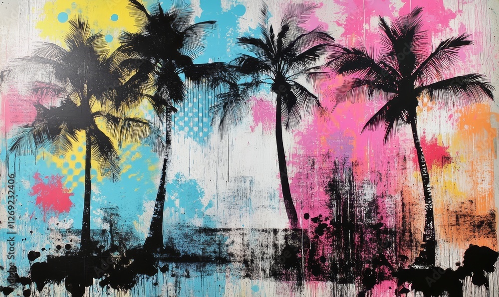 Poster palm trees painted with colorful abstract splashes.