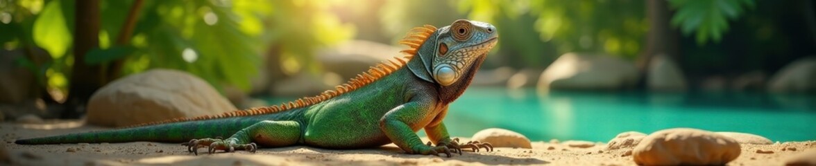 Obraz premium Stylish iguana sunbathing, colorful tropical paradise, reptile portrait, animal portrait, reptile