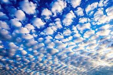Obraz premium Deep blue sky, brilliantly showcased in a high-resolution image featuring macro photography of soft, white cirrocumulus clouds.