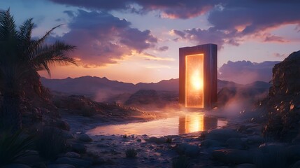 Mystical Portal at Dusk in a Desert Landscape with Reflections