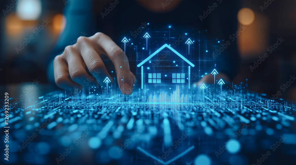 Poster smart home technology concept. an individual interacts with a futuristic interface showing holograph