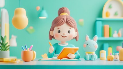 Cute Child Writing in a Colorful Room with Bunny Companion