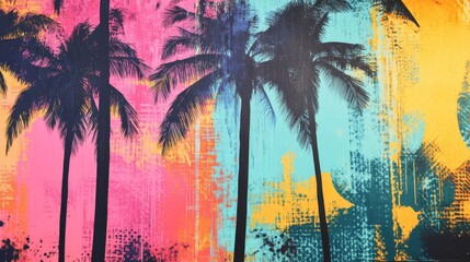 Colorful abstract art of silhouetted palm trees.