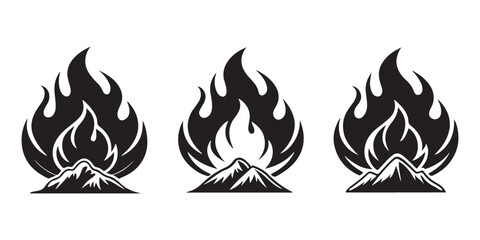Set of mountain fire icons with burning flames, wildfire disaster symbols, nature fire hazard, volcanic eruption, survival, outdoor adventure, hiking, camping, tattoo, stencil