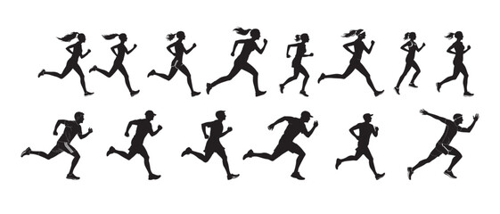 Running silhouettes set of men and women in motion symbolizing marathon, sprint, jogging, athletics, fitness training, sports activity, race competition, health and endurance