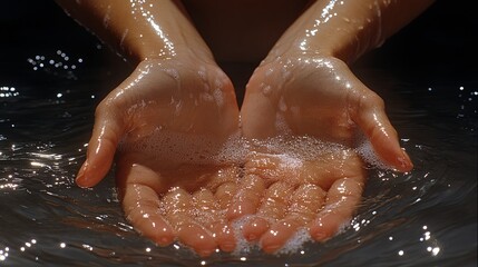 Fototapeta premium Gentle hands cupping water with soap bubbles, showcasing the beauty of nature and human touch in a serene setting