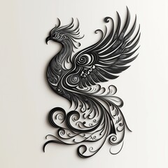 Fototapeta premium black and white illustration of a phoenix bird. The bird is in flight, with its wings spread wide and its head turned towards the right side of the image.