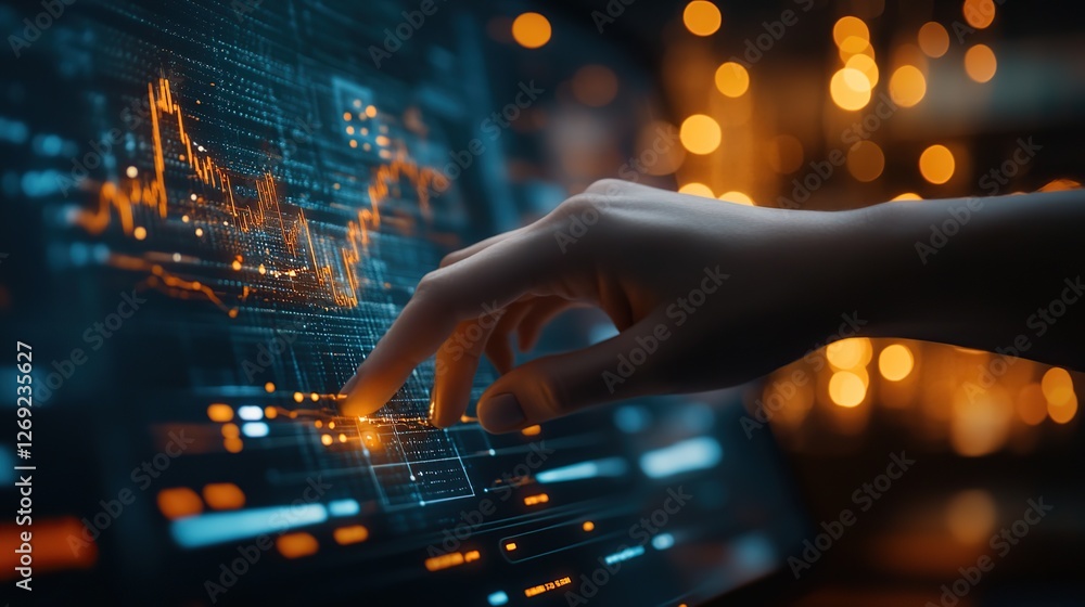 Poster a man's hand points at a financial chart on a futuristic computer screen