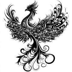 black and white illustration of a phoenix bird. The bird is in flight, with its wings spread wide and its head turned towards the right side of the image.