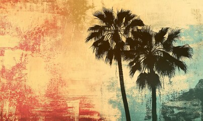 Palm trees silhouette against textured sunset sky.