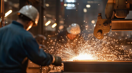 Steel mill workers forging metal with sparks flying