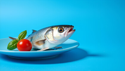 Fresh fish with tomato on blue plate - healthy food concept