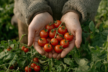 A farmers hands gently cradling a fresh harvest of ripe red cherry tomatoes from the garden