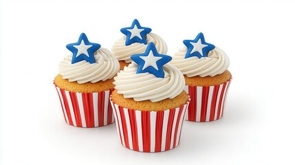 Four Red, White, and Blue Star Decorated Cupcakes on White Background
