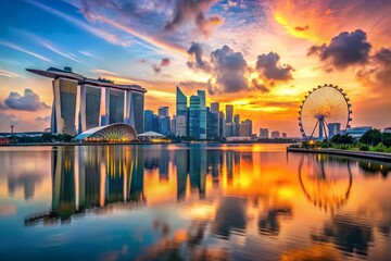 Naklejka premium Stunning Panoramic View of Singapore Marina Bay Skyline at Sunset