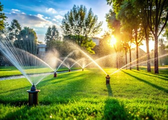 Images depict a public park irrigation system; automated sprinklers maintain a beautifully watered lawn.