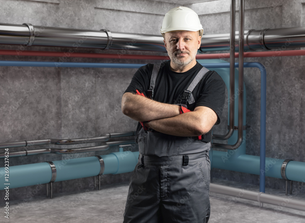 Aufkleber man foreman in basement with pipes. specialist in installation of engineering communications. engine