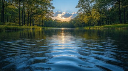 Sunset Reflections On Calm Forest River