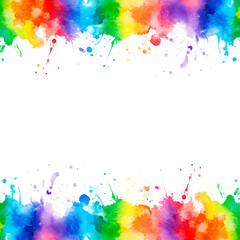 Obraz premium Colorful multicolored watercolor border frame with splashes and splatters with rainbow colors ideal as design element