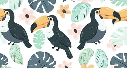 Fototapeta premium Cute cartoon pattern with toucans, leaves, and flowers on a white background
